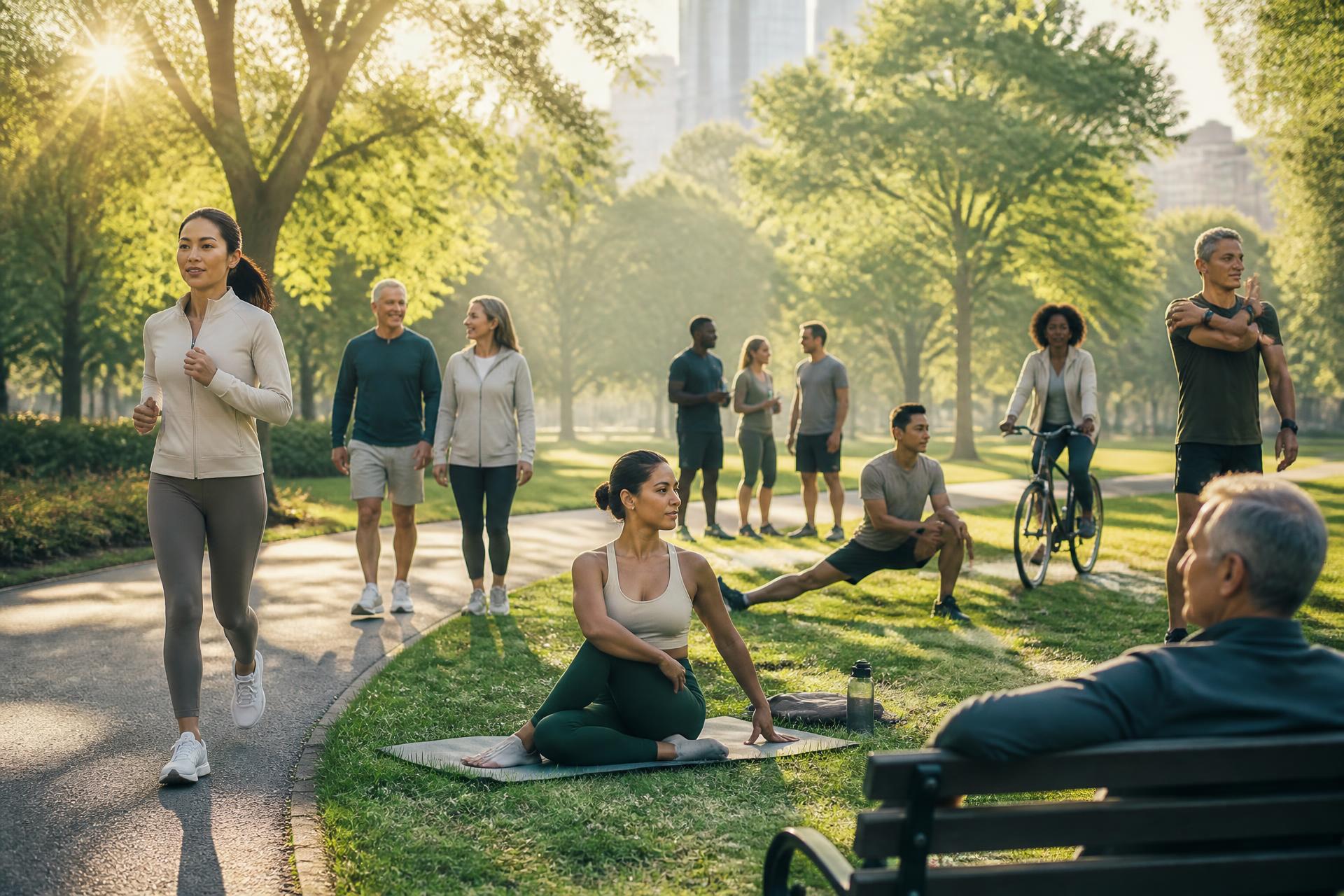 Personas reales viviendo un estilo de vida saludable en un parque moderno